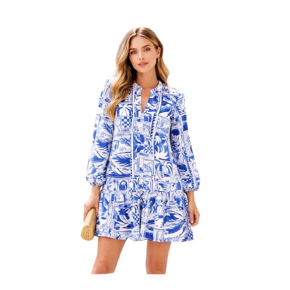 Rachel Zoe Abstract Tile Print Tiered Mini Dress Blue White, Size Small